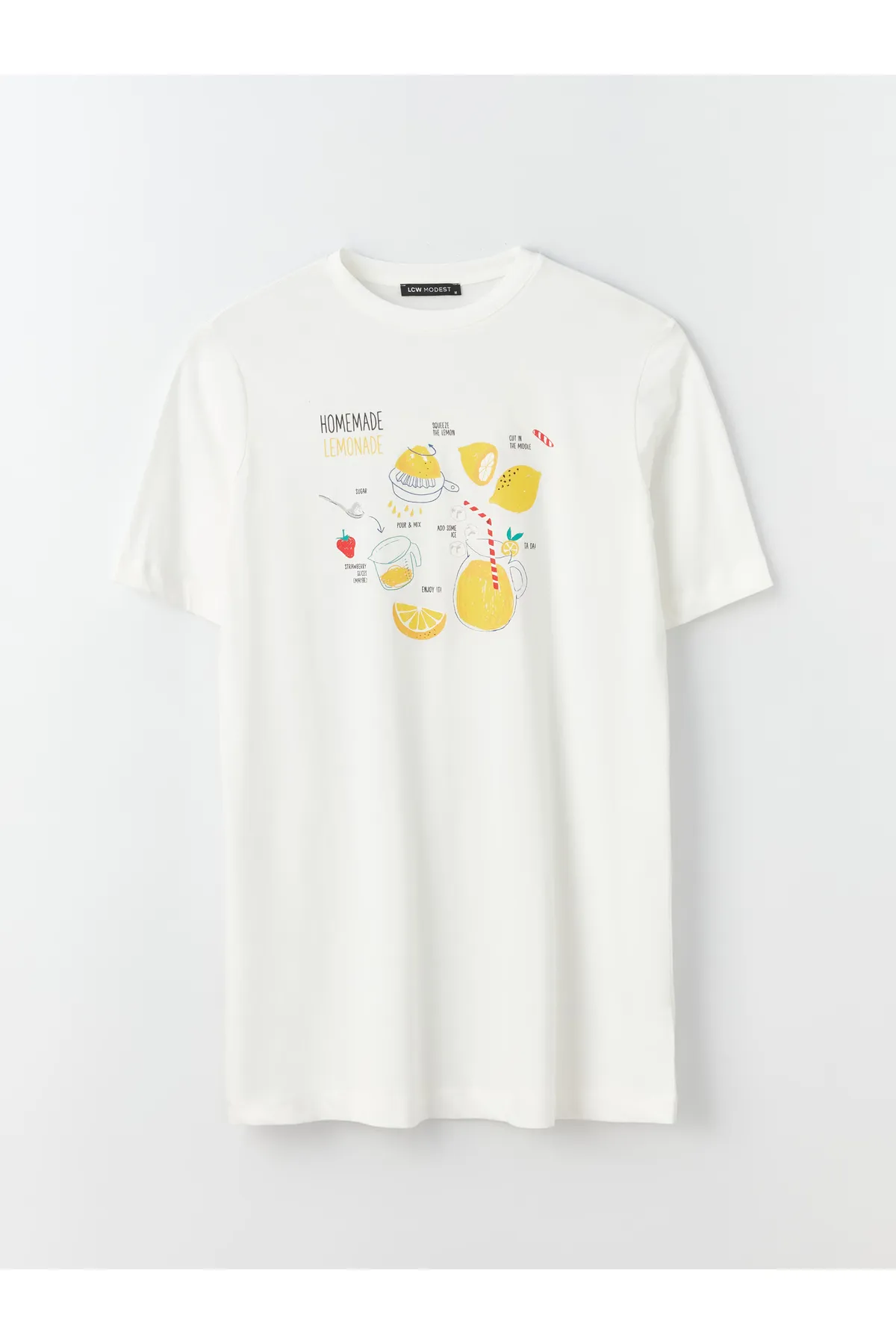 LC Waikiki  Bedruckte, kurzärmlige Oversize-Damentunika mit Rundhalsausschnitt