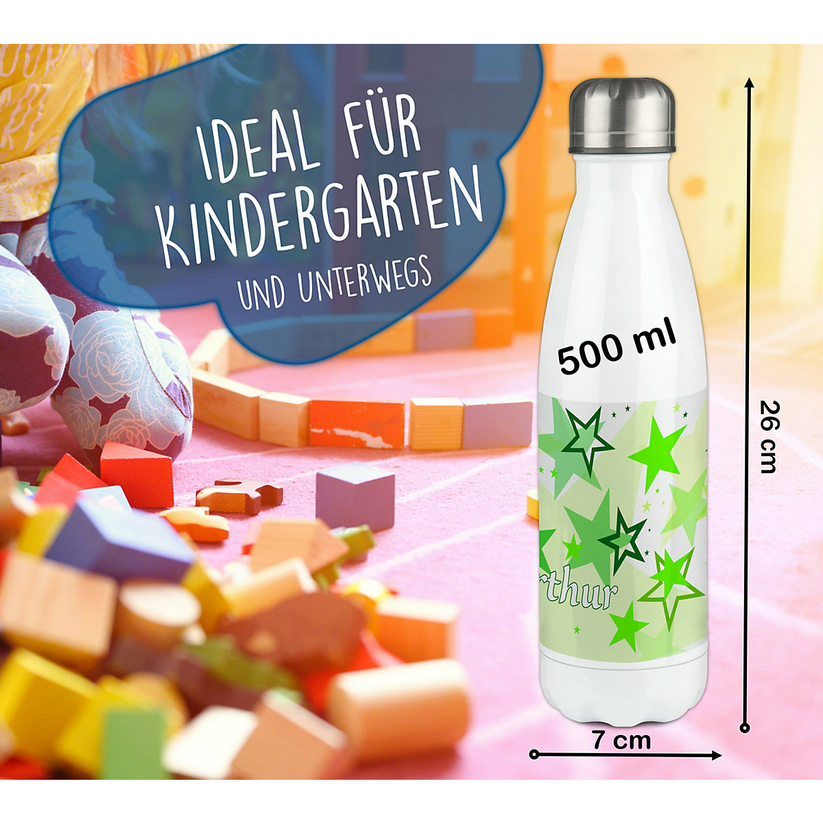 Edelstahl Kinder Thermoflasche / Trinkflasche bunt Sternenhimmel Farbe grün Spülmaschinenfest, Auslaufsicher, Bruchfest, Doppelwandig, Für Heißgetränke geeignet, Mit Deckel, Isoliert