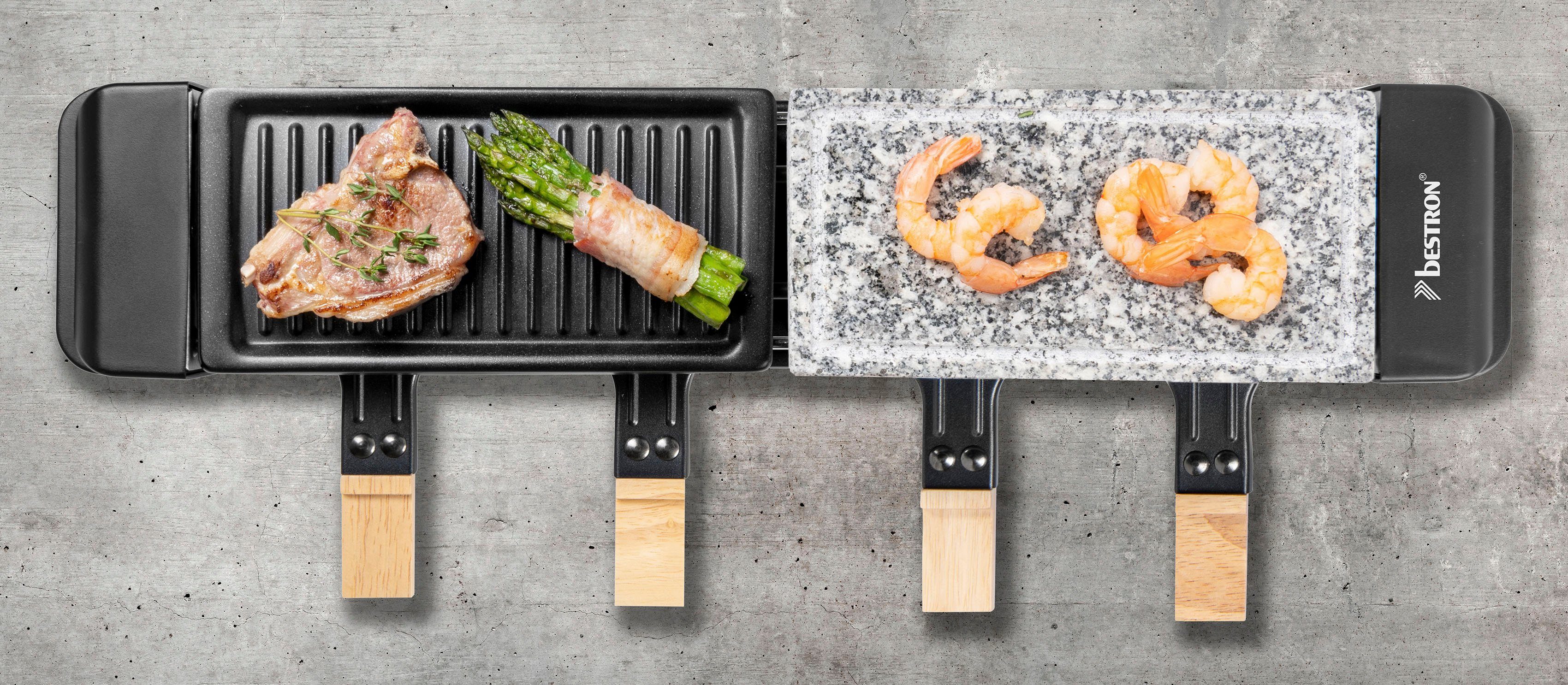 bestron Raclette Grill für 4 Personen, 4 Raclettepfännchen, 650 W, mit 4 Pfännchen, 4 Holzschaber & 4 Untersetzern