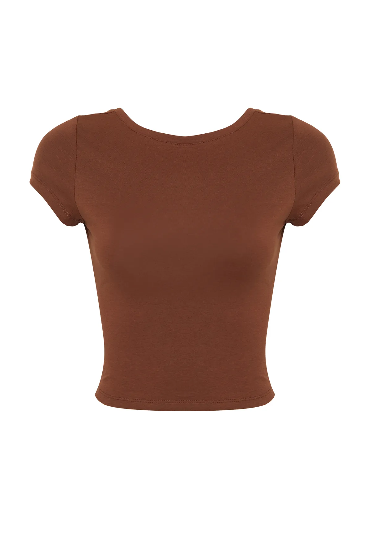 Trendyol Collection  Braune, rückenfreie, bauchfreie, dehnbare Strickbluse aus Baumwolle TWOSS23BZ00912