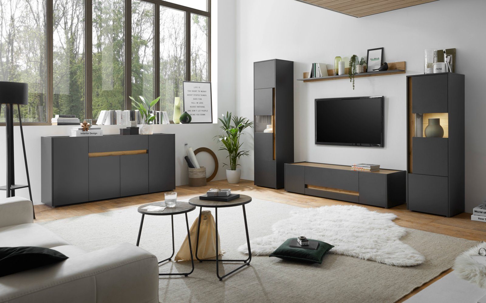 Furn.Design Wohnwand Center, (Set in grau und Wotan Eiche, 4-teilig), mit Vitrinen