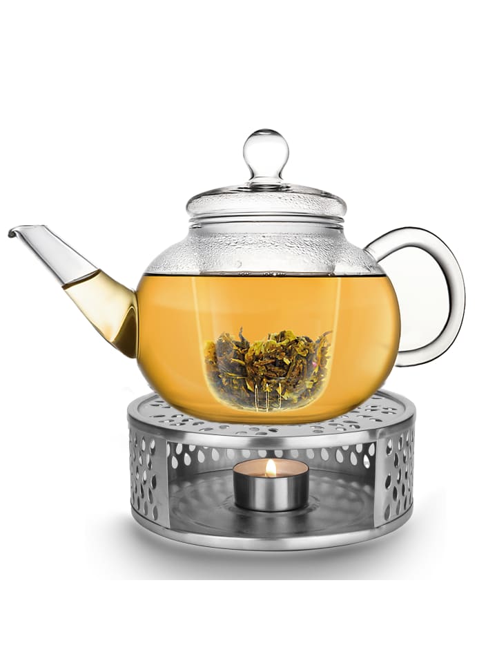 Creano Teekanne 1,2l bauchig   Edelstahl-Stövchen „Leaf silber“ im Set günstig kaufen onesize