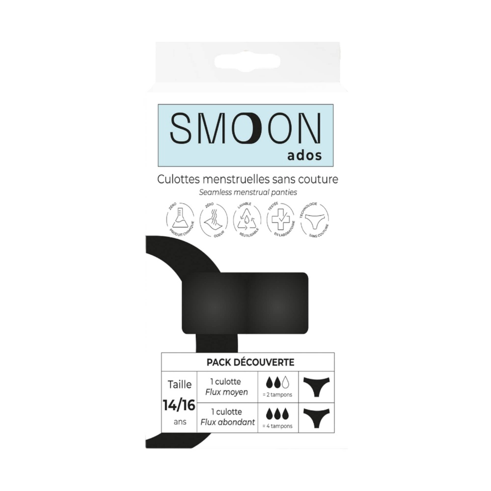 smoon lingerie Ados -Pack de 2 de culottes menstruelles Pack découverte noir : 1 culotte flux moyen + 1 culotte flux abondant