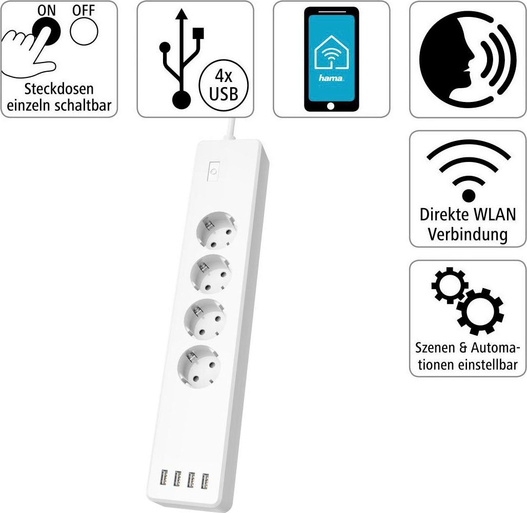 Hama WLAN Steckdosenleiste 4-fach schaltbar USB 4-fach 10A Überlastschutz Smarte Vierfach-Steckdosenleiste