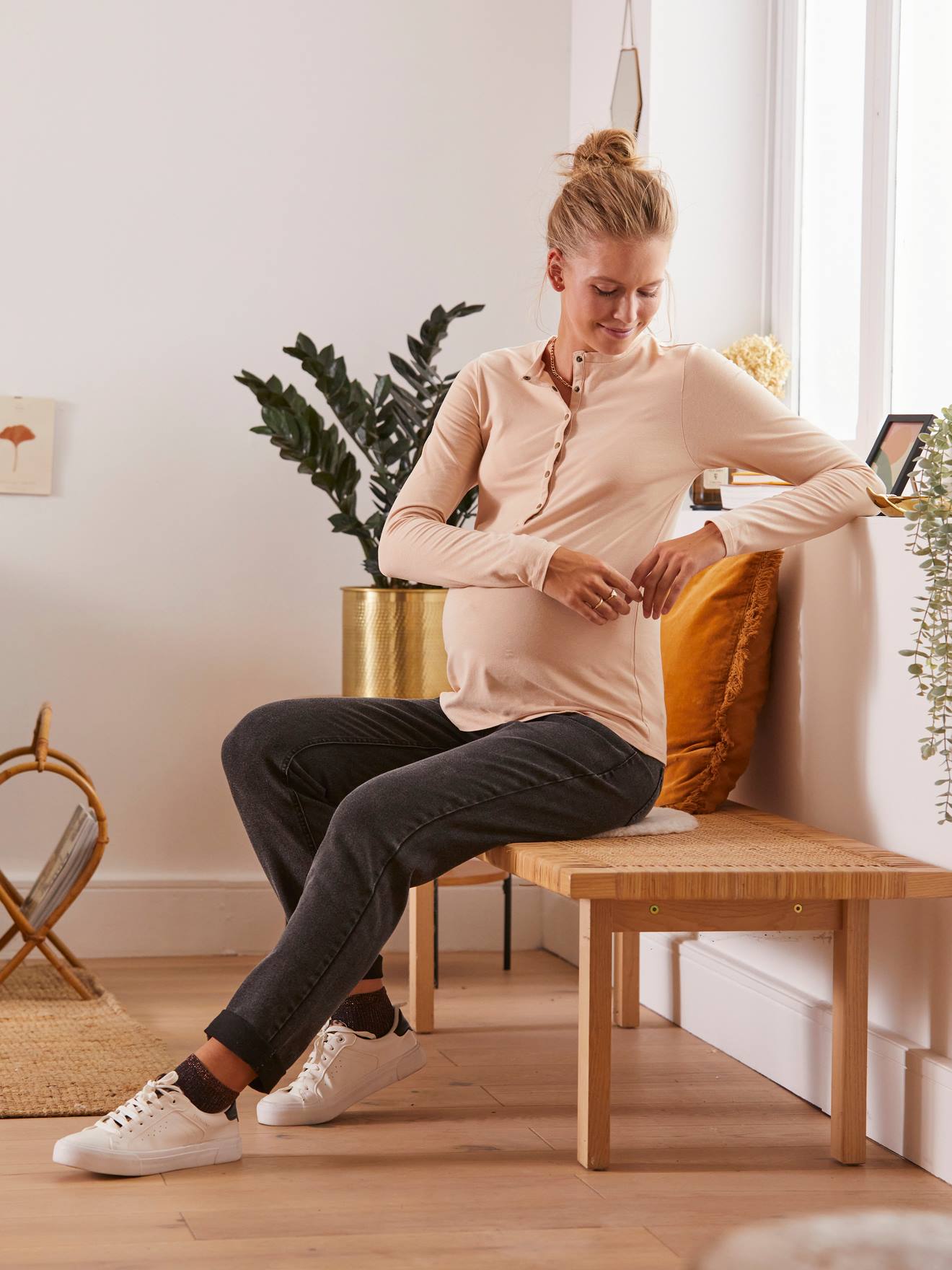 Vertbaudet Henley-Shirt, Schwangerschaft & Stillzeit Oeko-Tex - beige