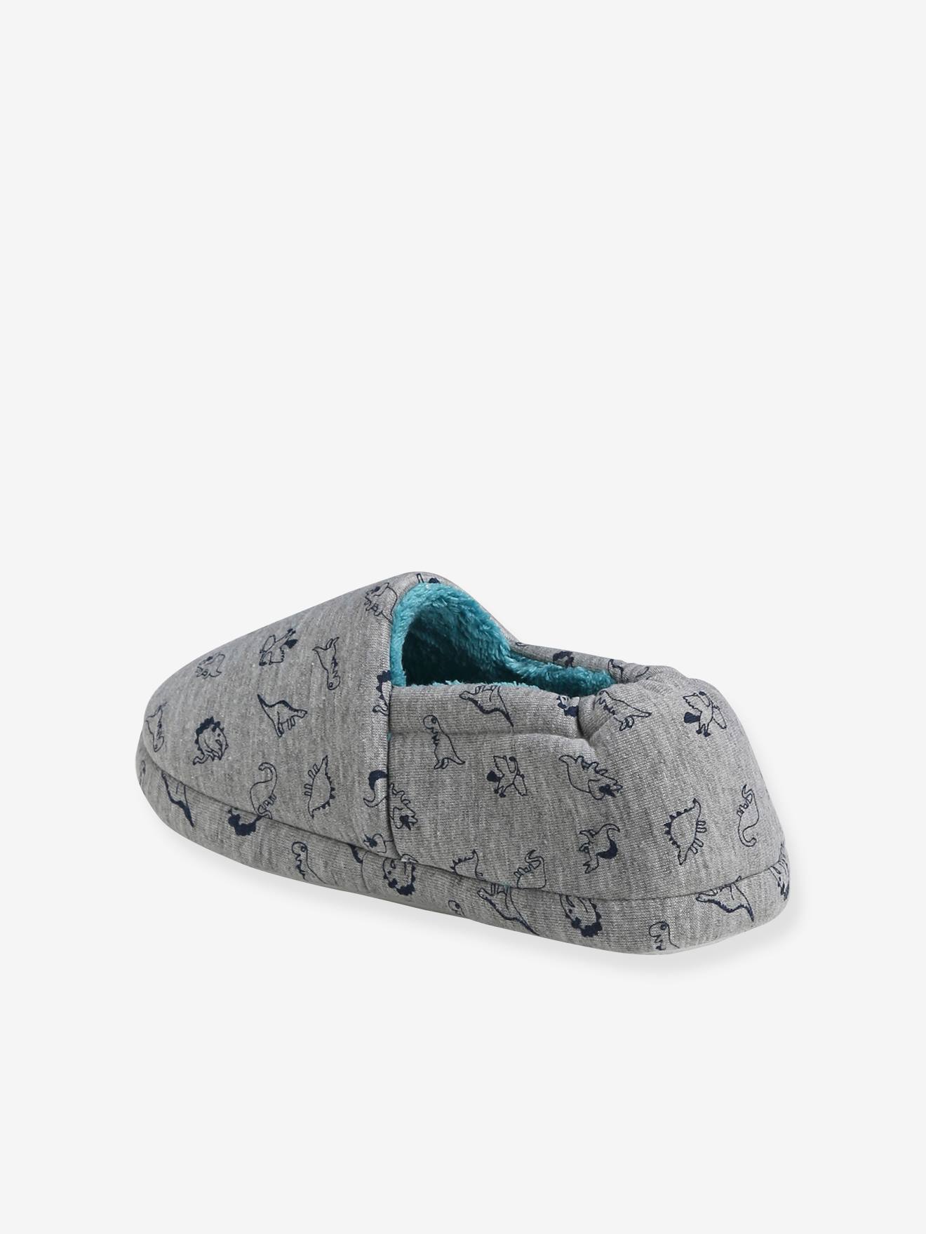 Chaussons intérieur peluche garçon dinosaures gris