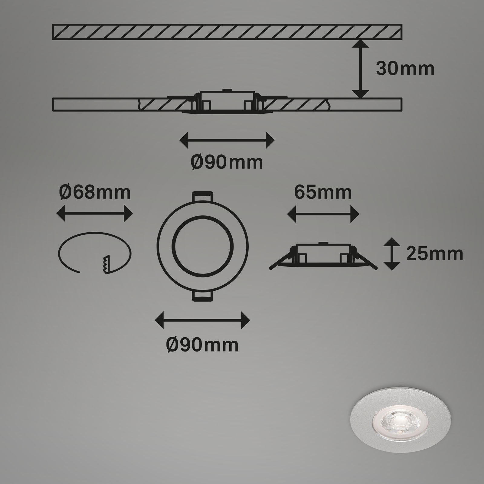 Briloner Leuchten LED Einbauleuchte 7999-044, LED fest verbaut, Warmweiß, 4er Set, ultraflach, IP44, Warmweiß 3000K, chrom-matt, 9 cm