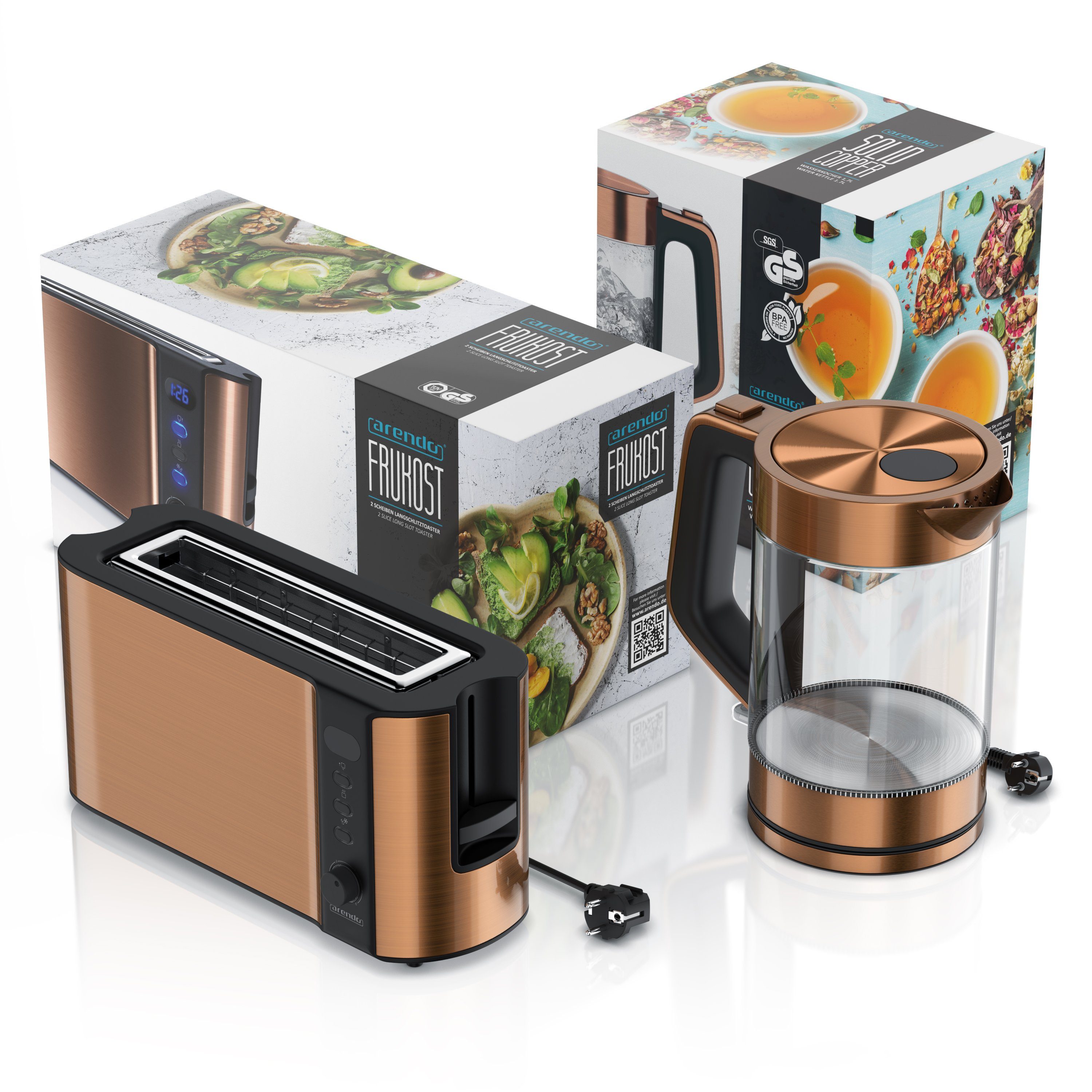 Arendo Frühstücks-Set (2-tlg), Wasserkocher 1,7l & 2-Scheiben Langschlitz Toaster, Edelstahl, Kupfer
