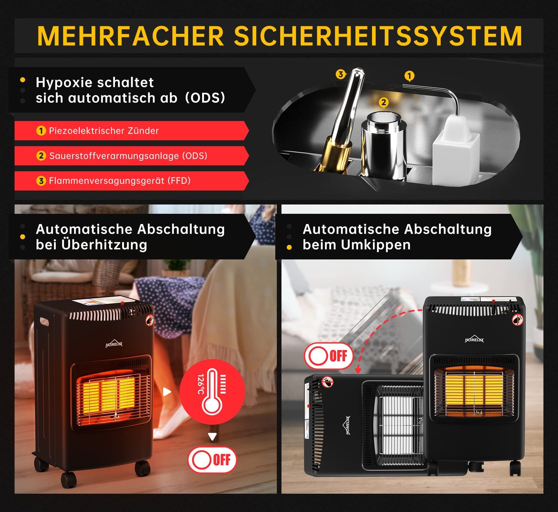 HOMELUX Heizgerät Heizlüfter Gasheizung für Innenräume, Schlauch und Druckminderer, ODS,bis 15kg, 4200W, Infrarot Keramikbrenner, Heizstrahler