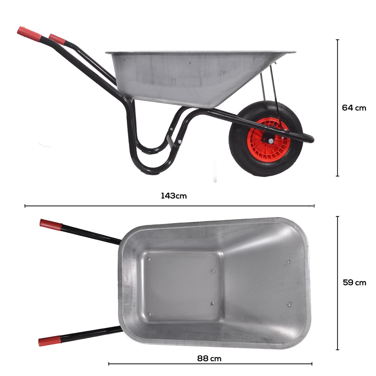 TroniTechnik GARMIO® Schubkarre 85 Liter bis 160 kg Garten Bauschubkarre, Gummi-Luftreifen mit Felge - verzinkt