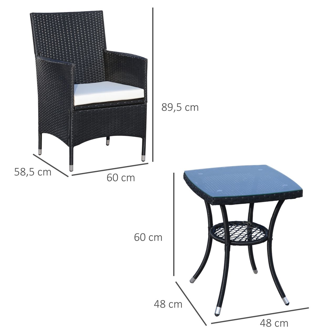 Outsunny 3-tlg. Balkonmöbel Set Sitzgruppe Rattan Gartenset Polyrattan Schwarz