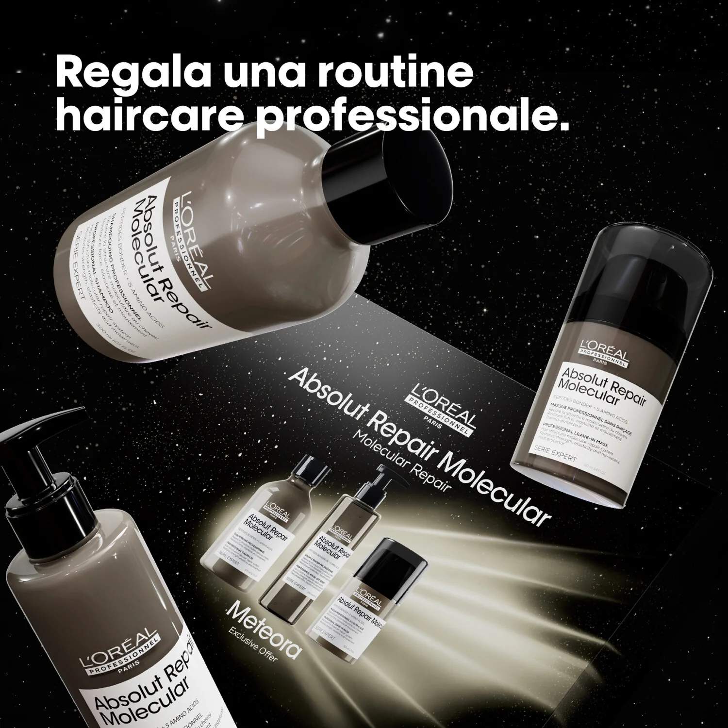 Serie EXPERTOS: Nuevo set de regalo de Navidad Absolut Repair Molecular: champú, acondicionador y crema sin enjuague. Sets de regalo para el cabello: champú reparador, acondicionador reparador y spray protector térmico.