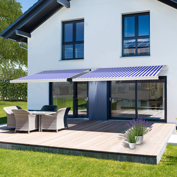 LED-Vollkassettenmarkise ELOS V2 inkl. Windsensor marineblau-weiß, 350 x 250 cm