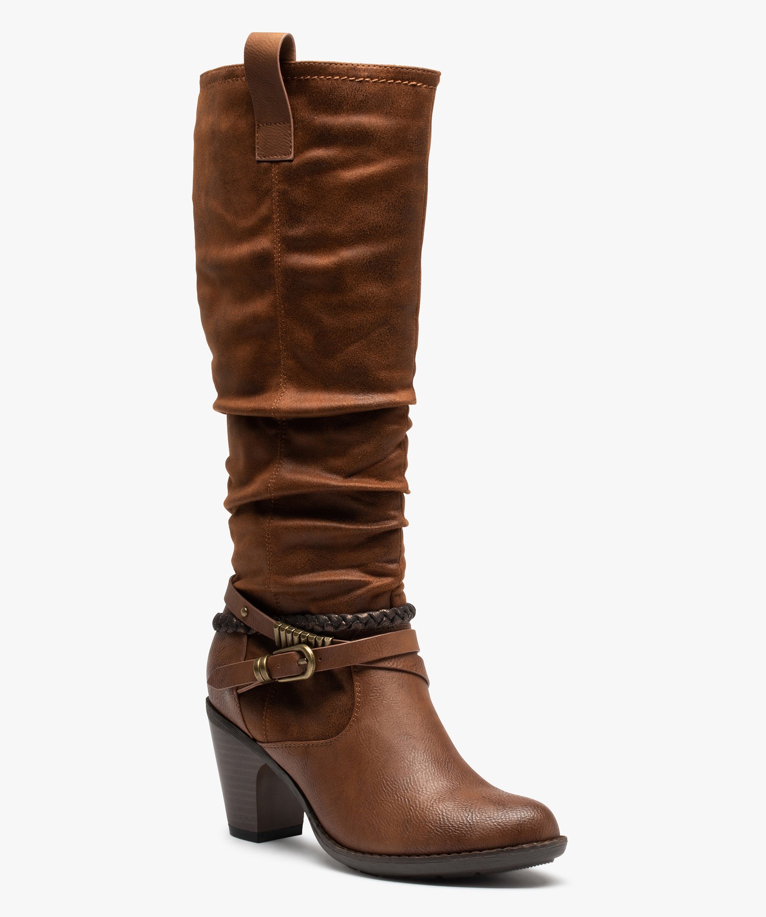 Bottes femme à talon rainuré et brides fantaisie camel | GEMO