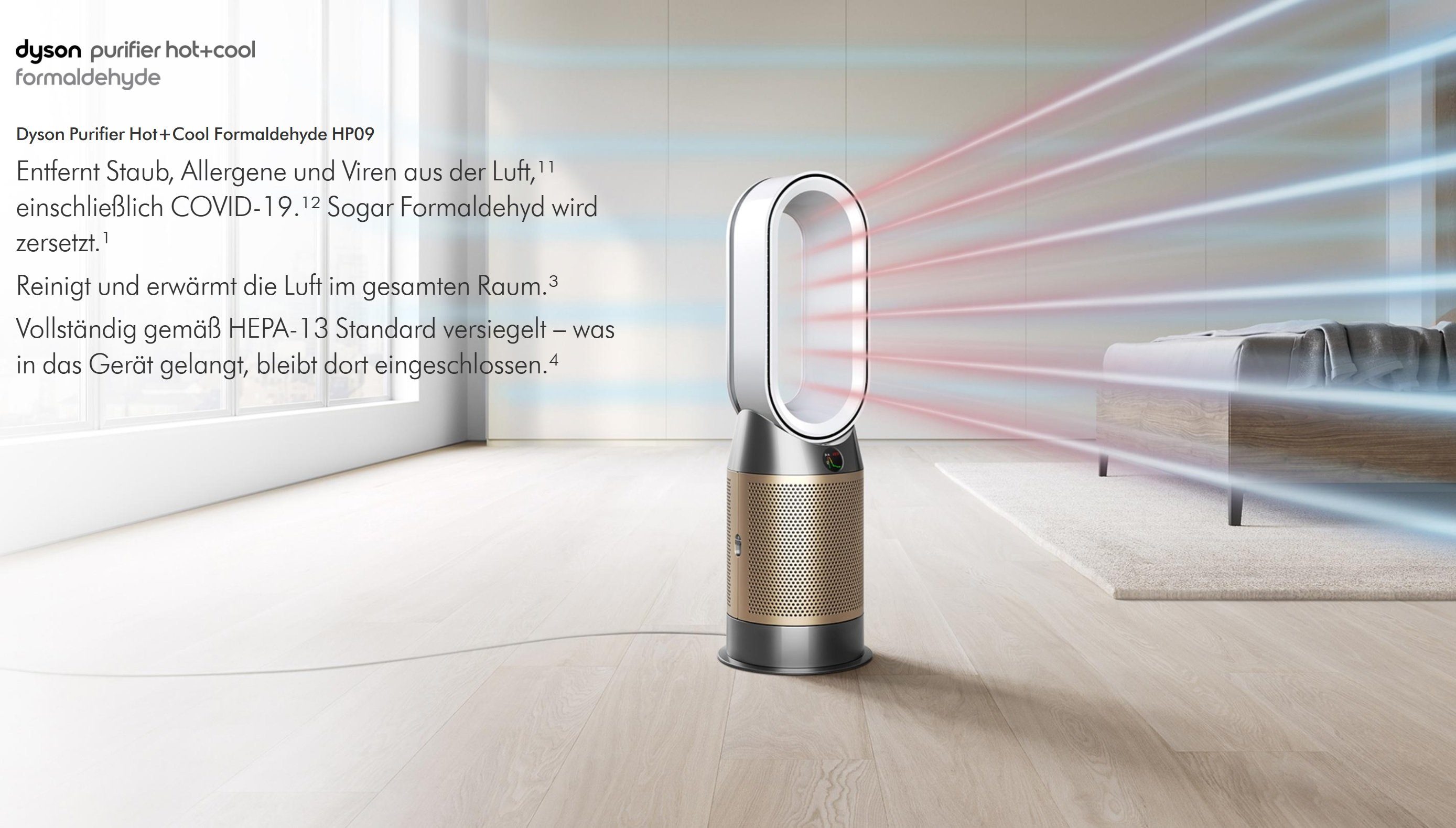 DYSON Kombigerät Luftreiniger, Ventilator und Heizlüfter HP09 Purifier Hot+Cool 3in1 gold, Ventilator Luftreiniger Heizlüfter, für 50 m² Räume, leise Schlafzimmer geeignet, Allergiker Raucherzimmer Luftfilter 99,5%