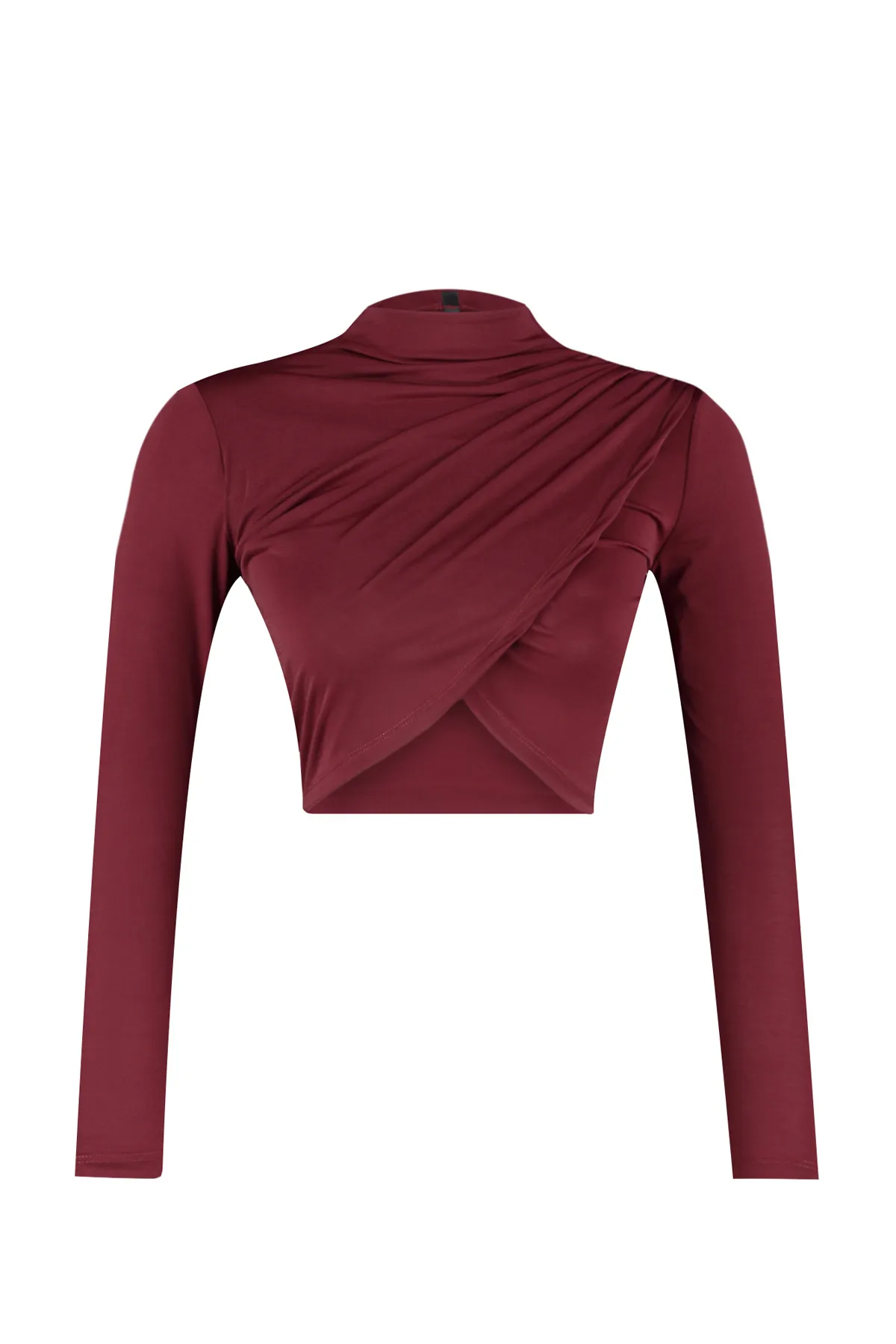 Trendyol Collection  Weinrote, drapierte Crop-Bluse mit hohem Kragen und hohem Kragen TWOAW24BZ00164