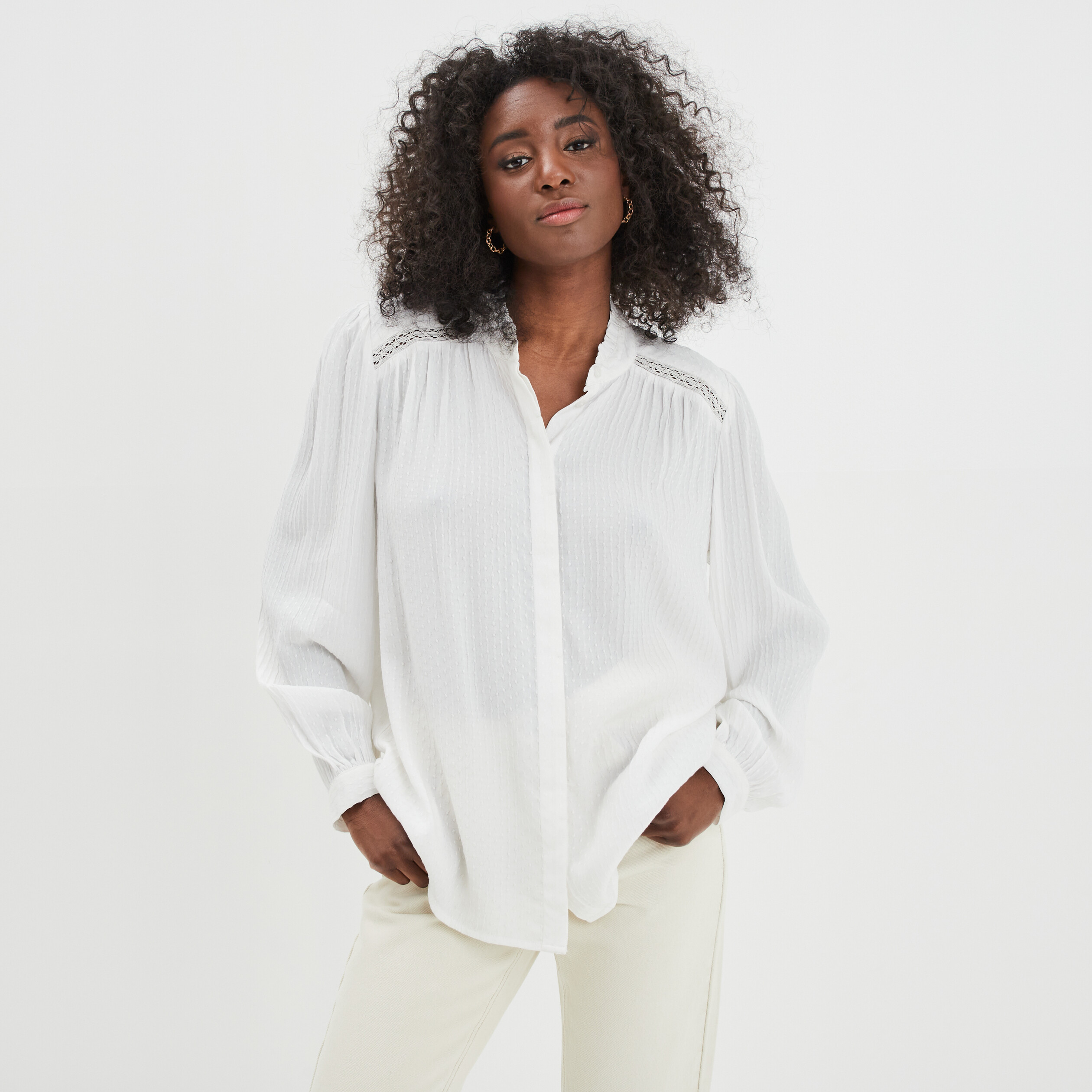 Chemise col mao à plumetis blanc femme | La Halle