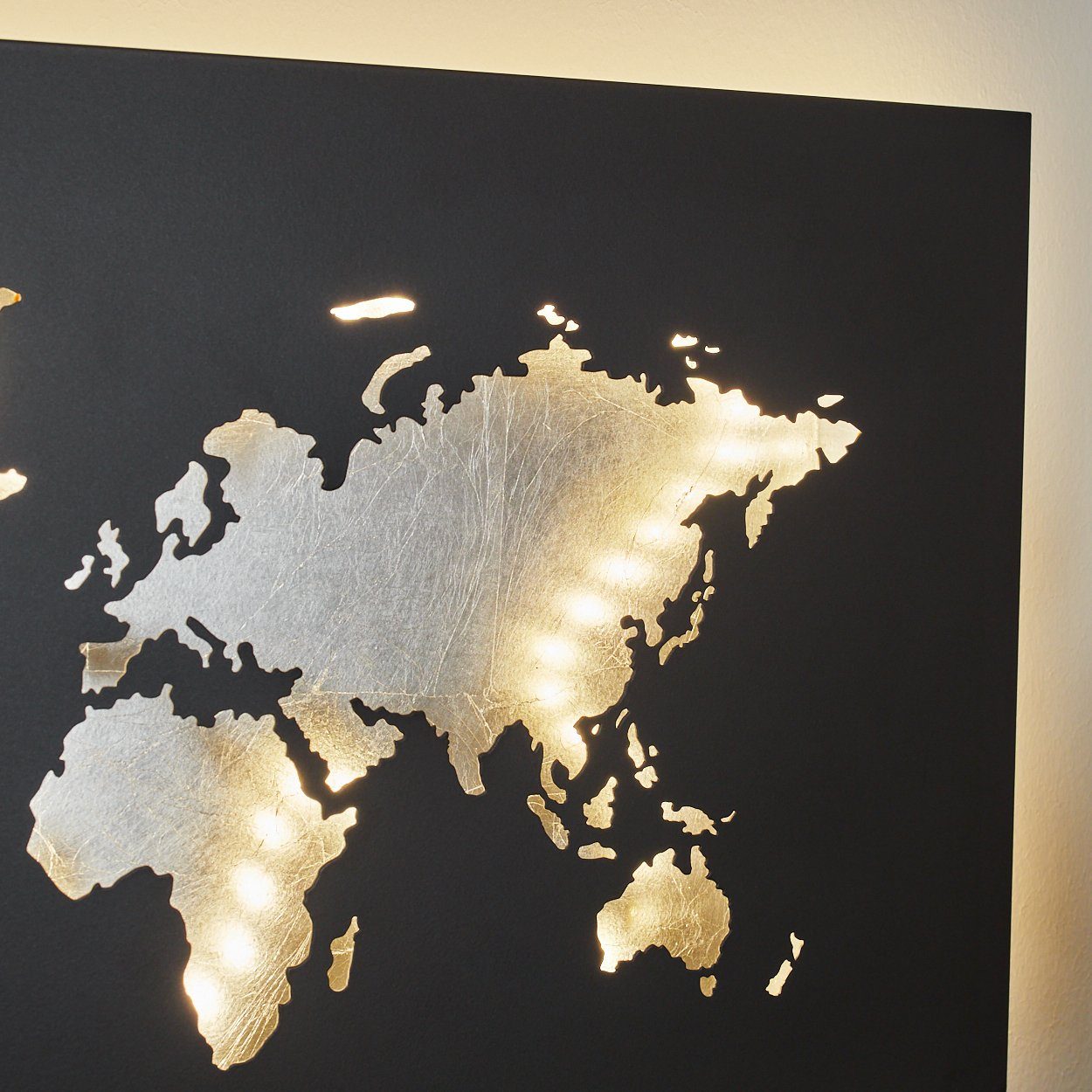 hofstein Wandleuchte Vendicio Wandlampe aus Metall in Schwarz/Silberfarben, 3000 Kelvin, LED Weltkarte Wandbild mit Lichteffekt, LED 170 Lumen