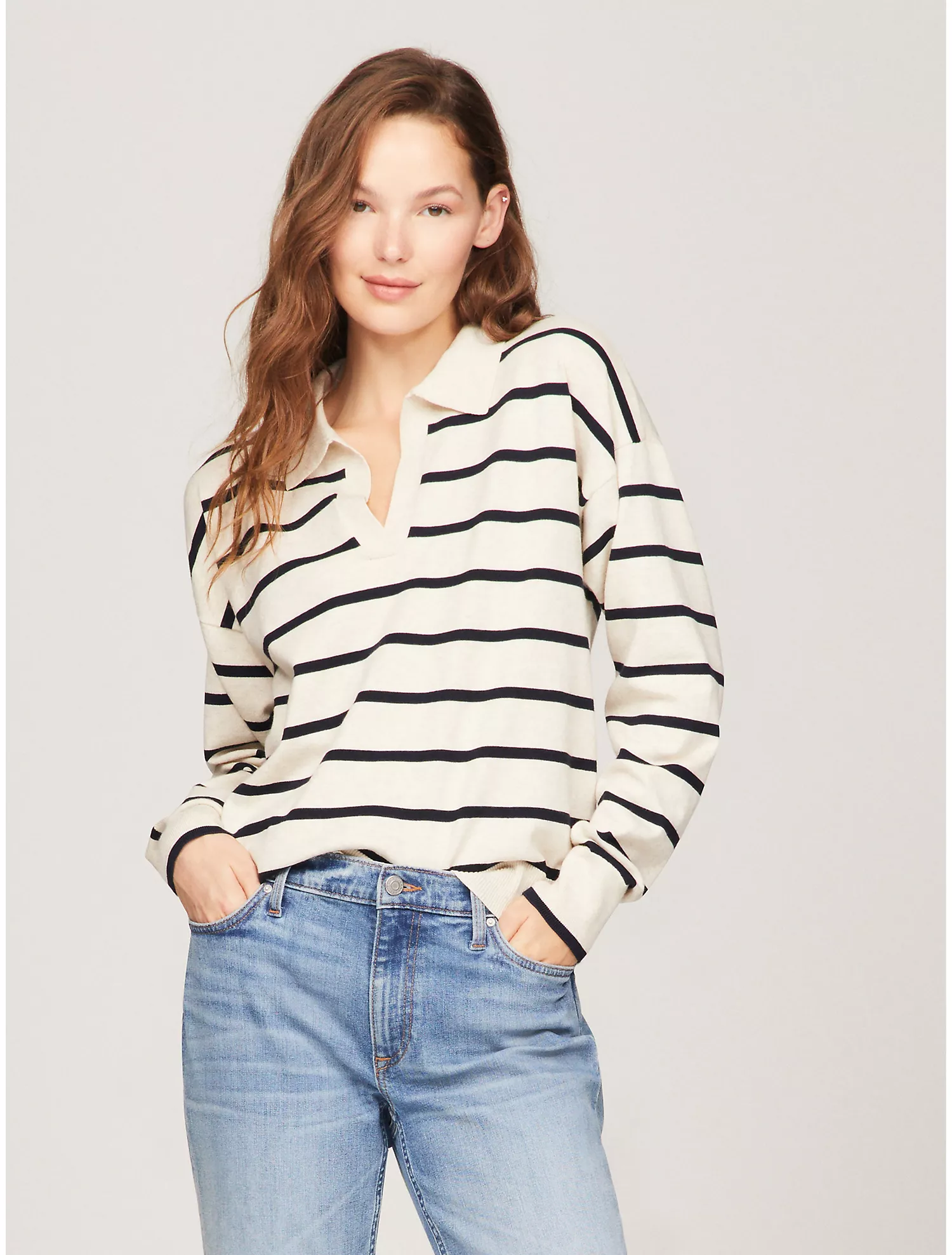 Long-Sleeve Stripe Polo Sweater