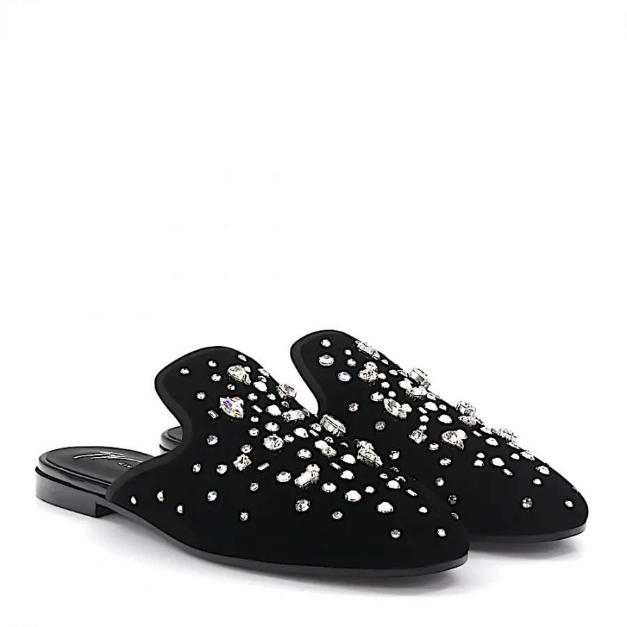 Giuseppe Zanotti - Pantolleten The Dazzling Elsa Samt Schwarz Strass - schwarz