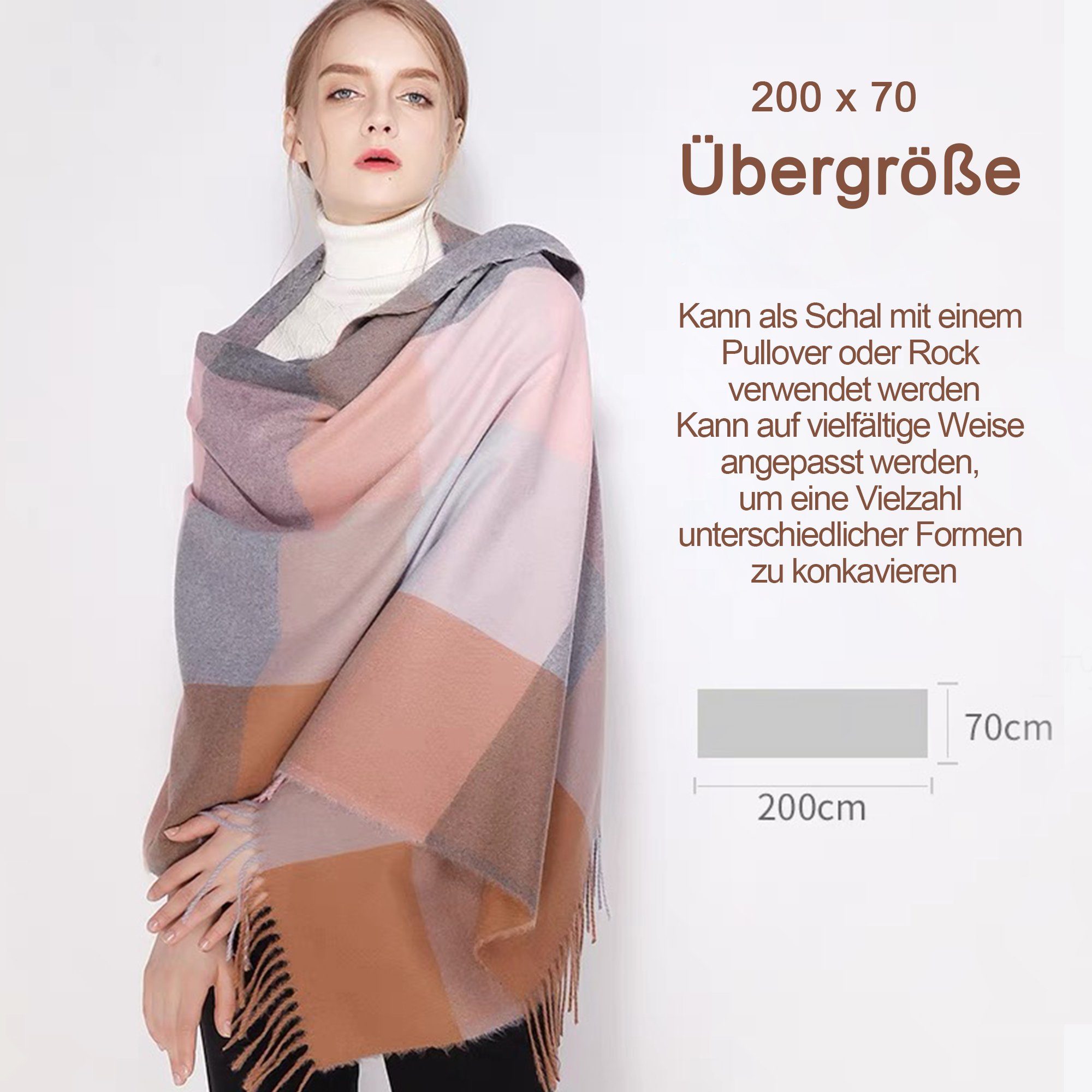 KUGI Wollschal Modeschal Warme Winter Schals XXL Schal Poncho Langer Damen Schal, (Quadratisch Deckenschal Karo Tartan Streifen Plaid Muster Fransen Weich Warm, XXL Oversized Herbstschal Poncho, Fashion Damen Winter Schal), Damen Schal - Kariert über