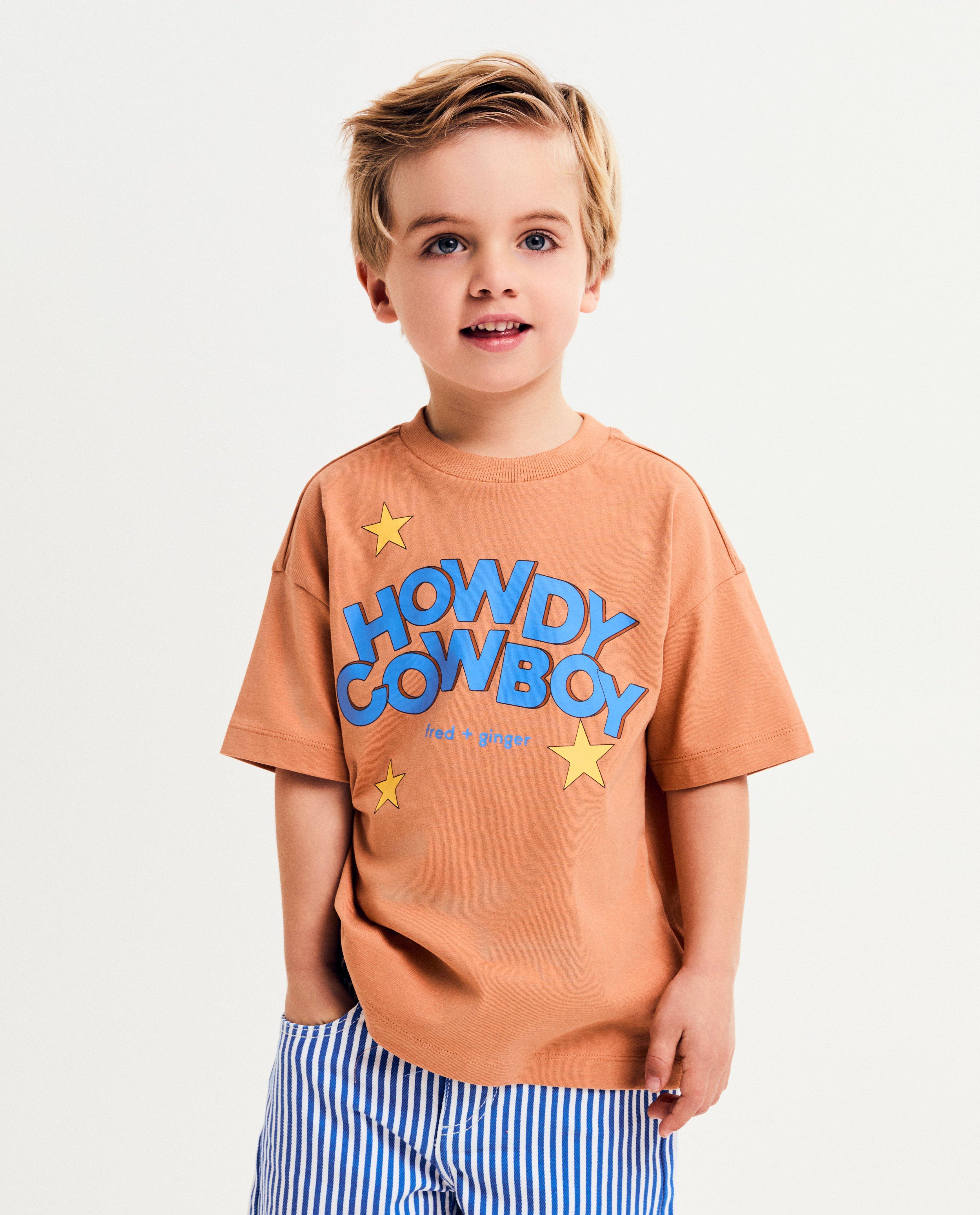 Tricou Fred + Ginger cu inscripție, unisex, 92-128 maro deschis