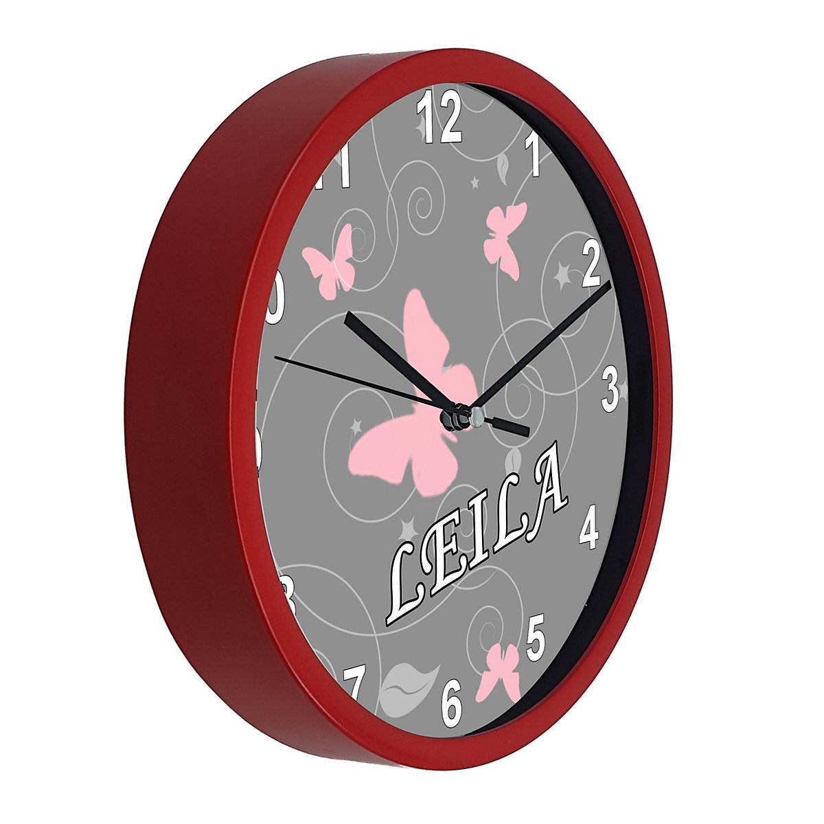 Kinder Wanduhr personalisiert mit Name Schmetterling Ornamente pink weiß grau
