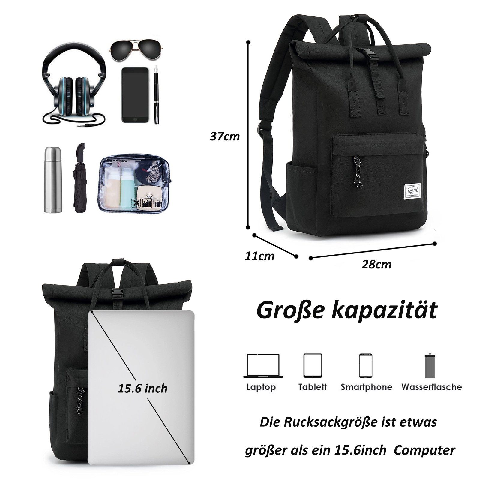 TAN.TOMI Cityrucksack Rucksack Damen Herren Tagesrucksack mit Laptopfach, Modern Rolltop Rucksack Daypack, Wasserdichter