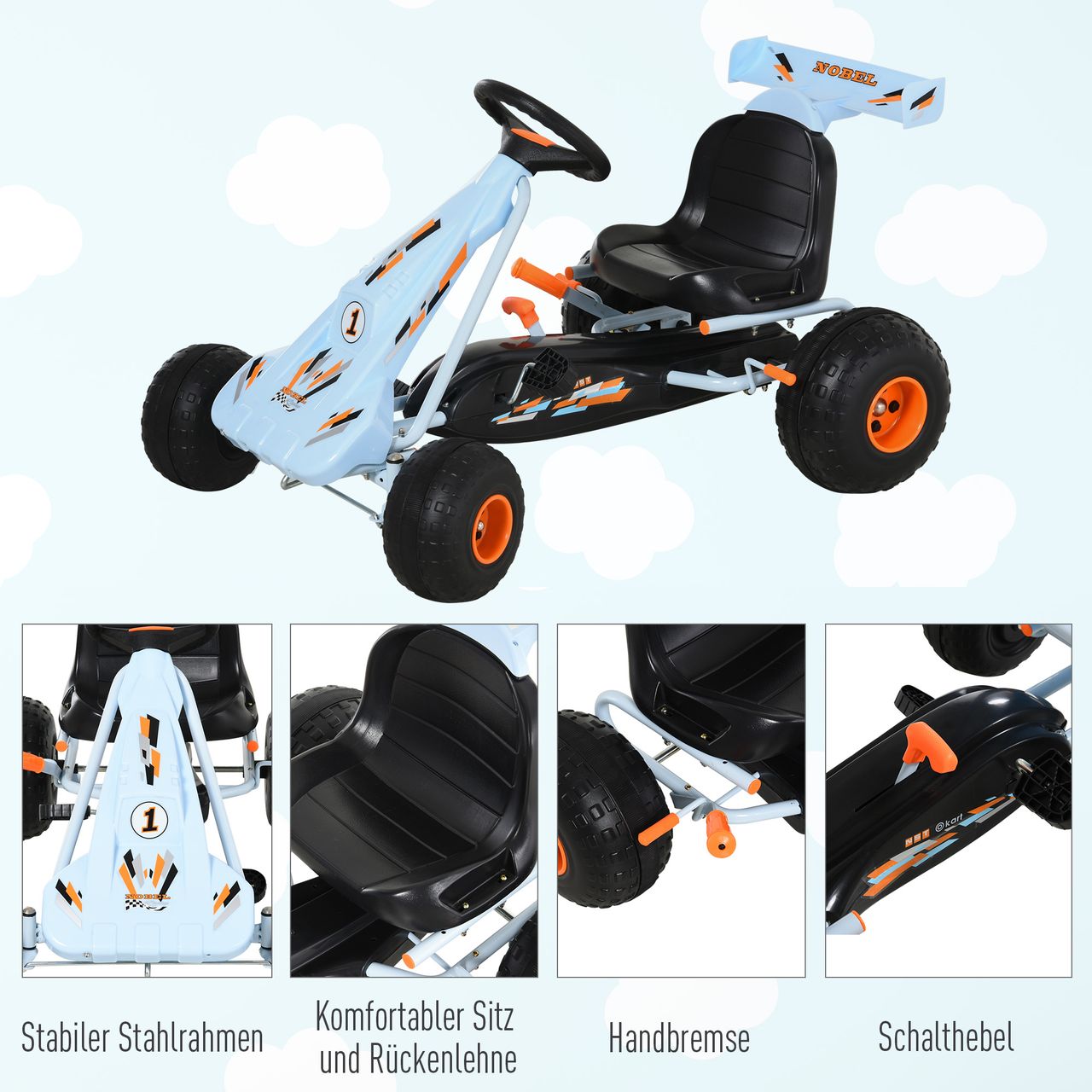 HOMCOM Go Kart Kinderfahrzeug Tretauto mit Pedal ab 3 Jahre Stahl Hellblau