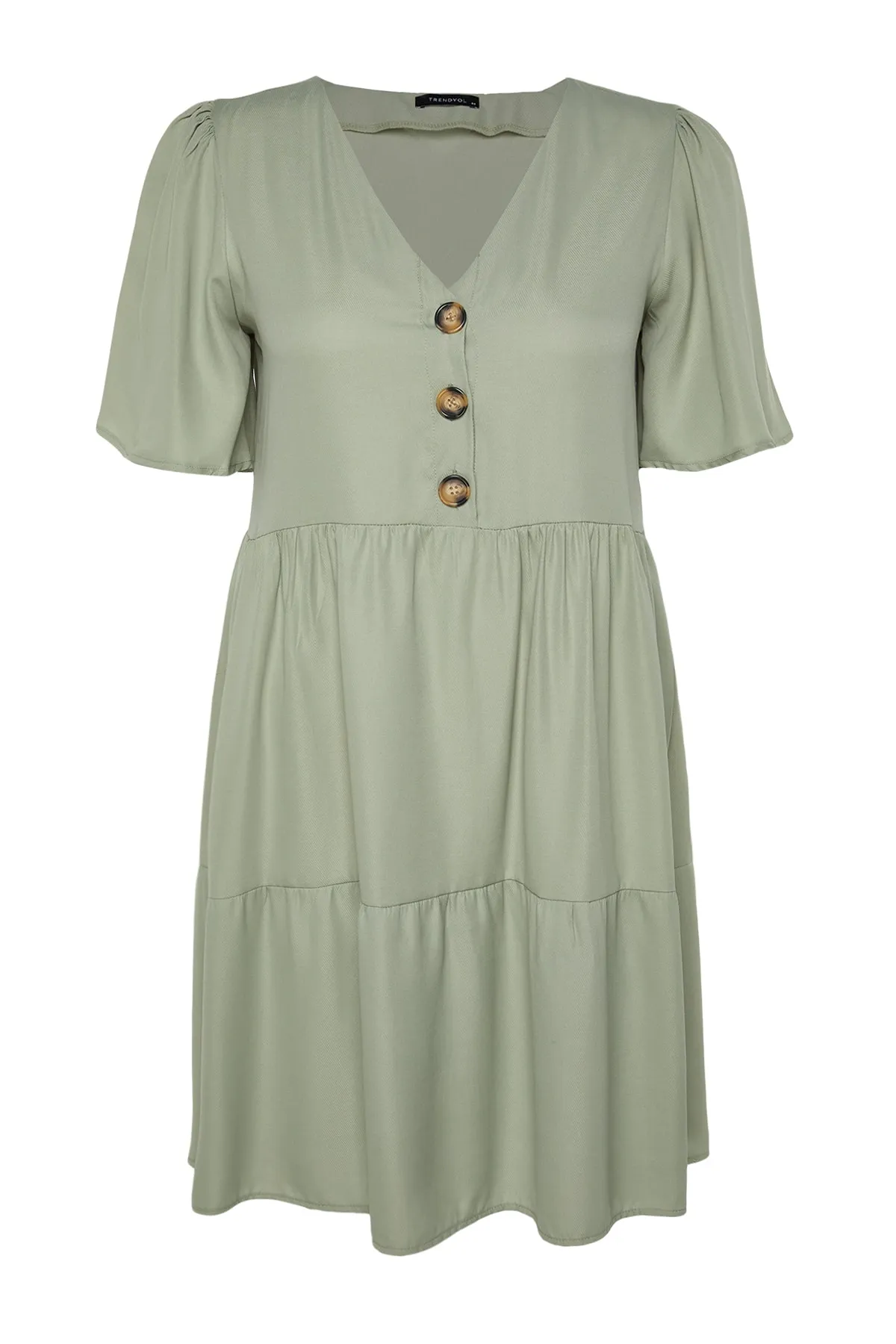Trendyol Curve  Hellkhakifarbenes, gewebtes Kleid mit V-Ausschnitt und Knöpfen TBBSS22AH0167