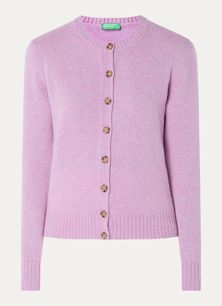 Cardigan Benetton cu guler rotund, confecționat din lână fină.