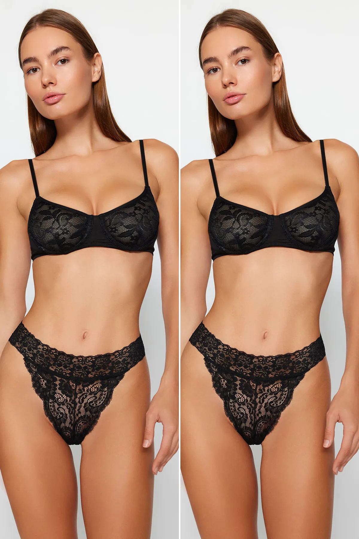 Trendyol Collection  Schwarze 2er-Pack gestrickte Tanga-Höschen mit Spitzendetails THMAW23KU00027