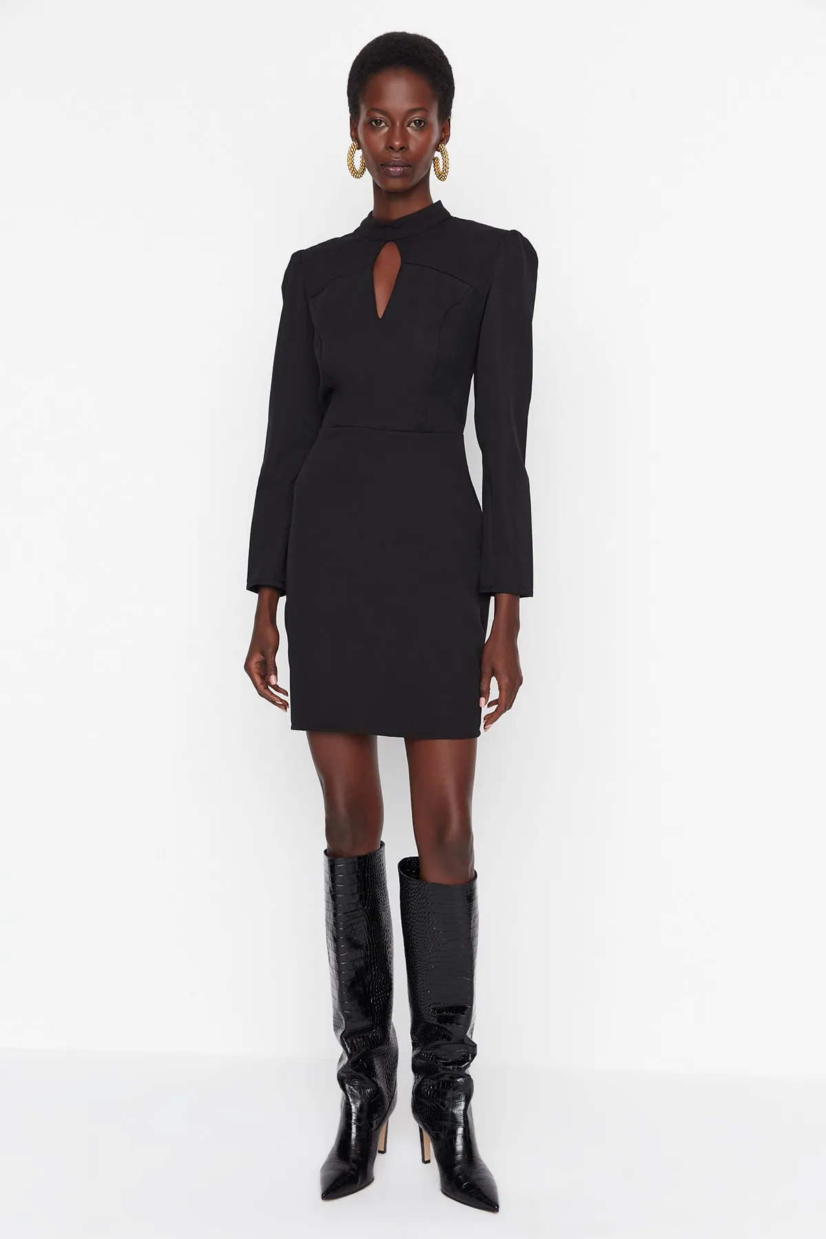 Trendyol Collection  Schwarzes Mini-Webkleid mit A-Linien-Kragen und detailliertem Detail TWOAW22EL0393