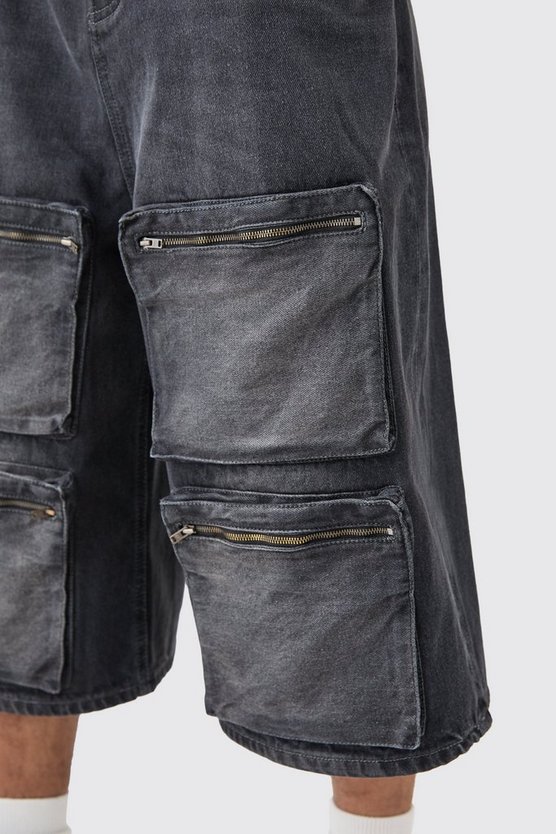 Denim-Jorts mit Cargo-Taschen und Reißverschluss vorne