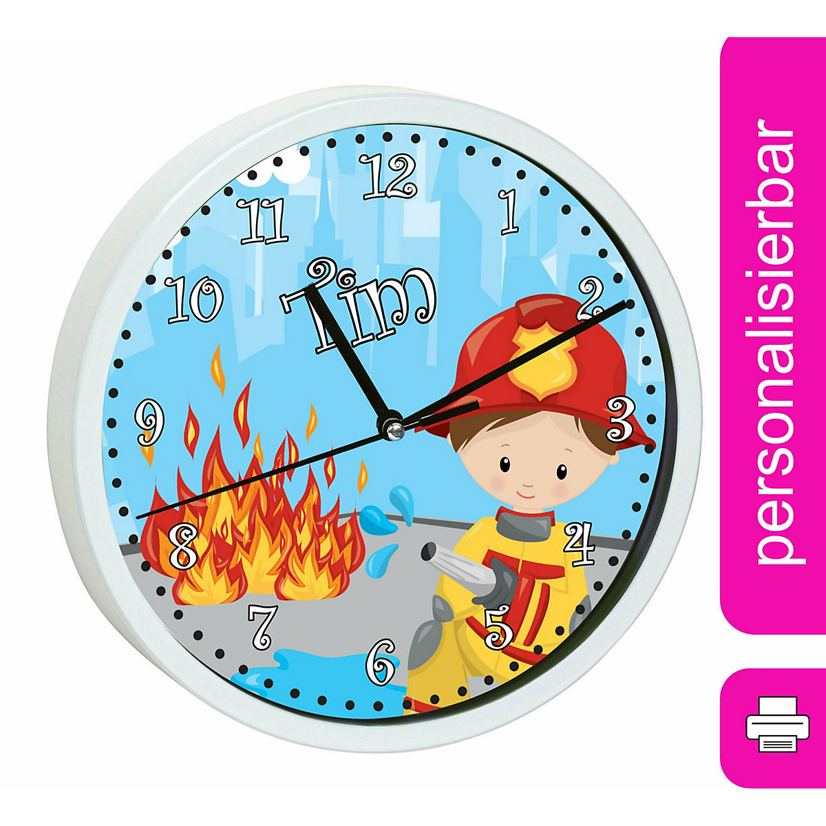 Kinder Wanduhr personalisiert mit Name Feuerwehrmann