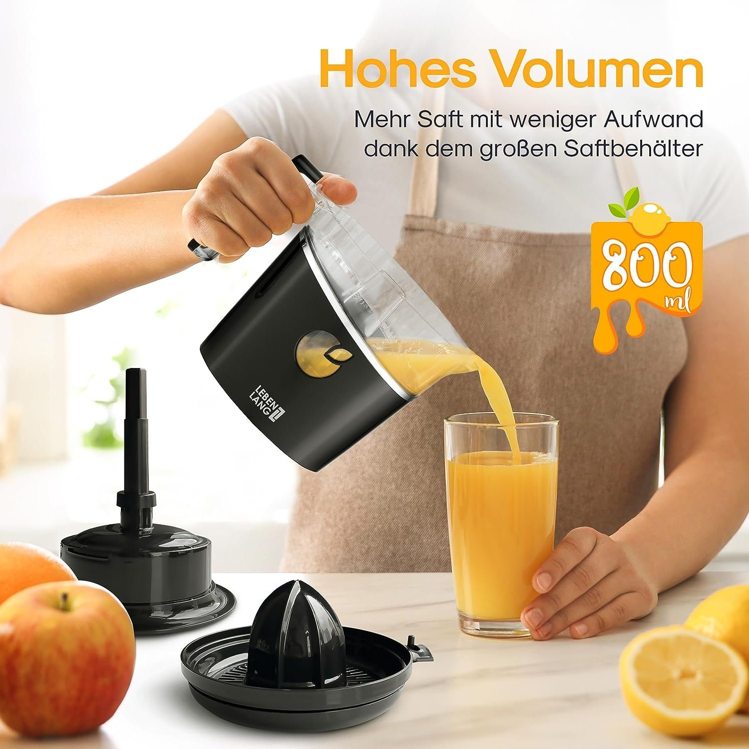 Lebenlang Küchenmaschine Saftpresse elektrisch - Verstellbares Sieb - Orangenpresse, 40,00 W, 800ml Orangensaftpresse elektrisch Zitronenpresse