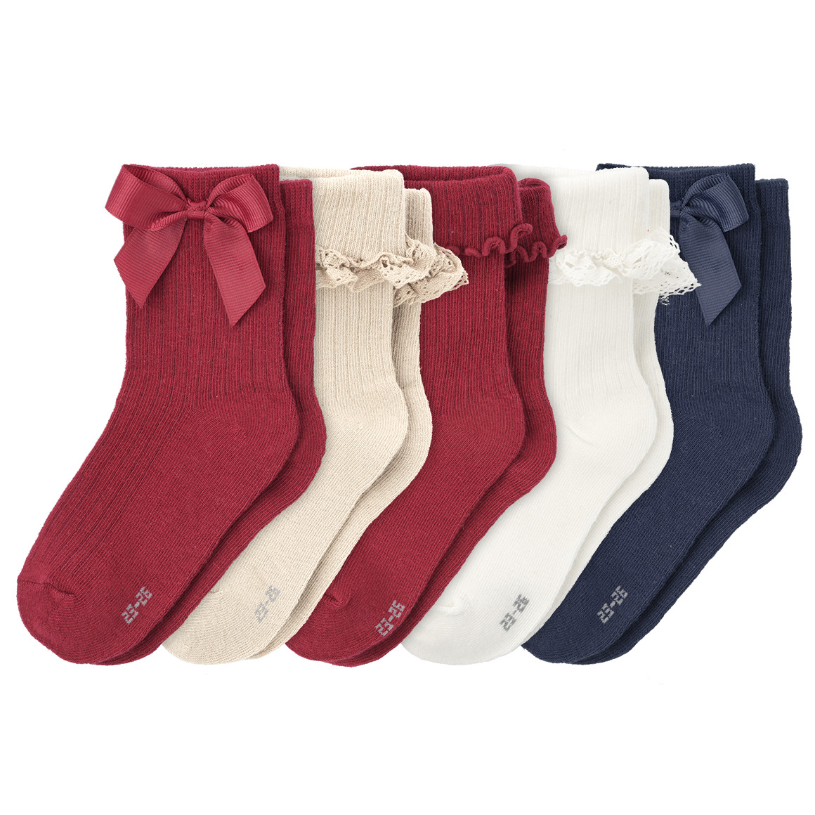 5 Paar Mädchen Socken im festlichen Dessin dunkelrot / dunkelblau / beige
