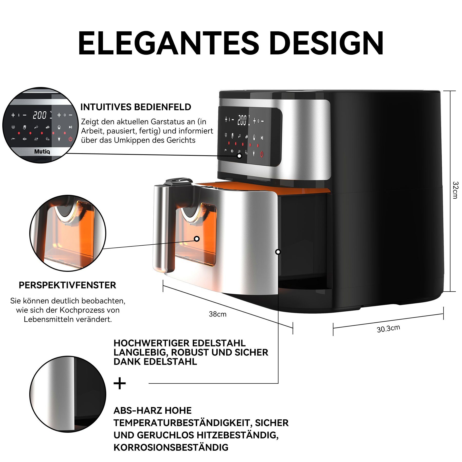 Senmudi Heißluftfritteuse 7.5L Airfryer 10 Programme,LED Touchscreen friteuse, 1800,00 W, Präzise Temperaturregelung 50~200℃, Timer, Fritteuse ohne Öl