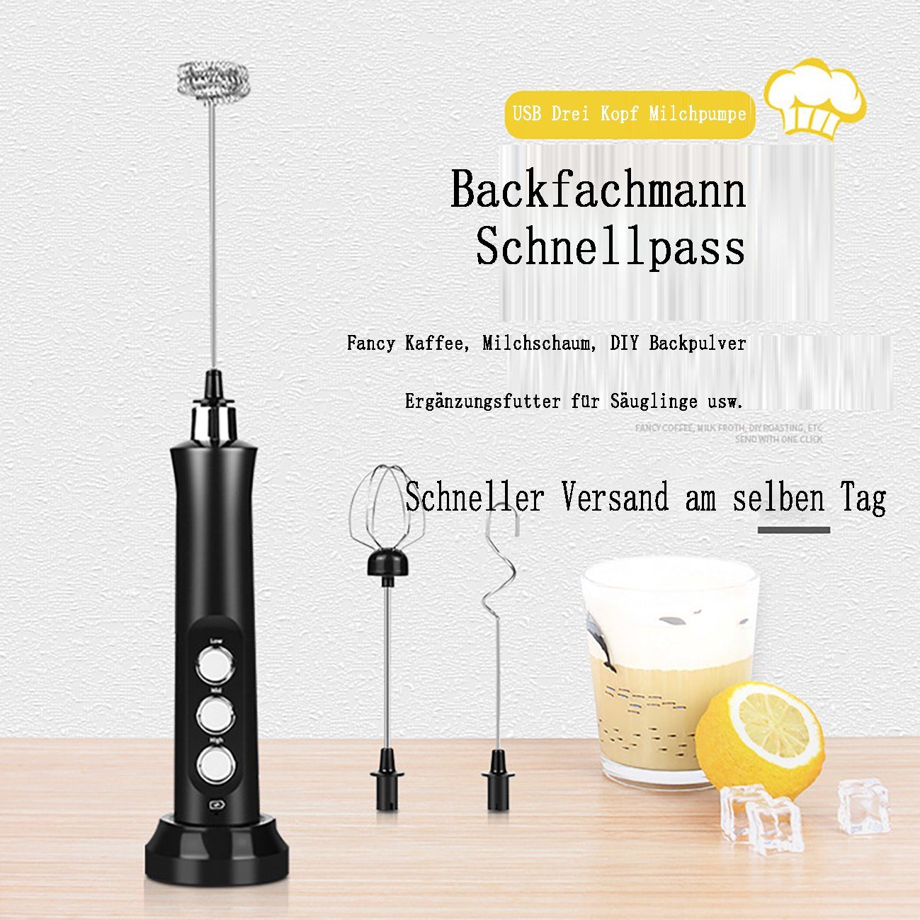 flowgoer Milchaufschäumer Elektrischer Milchaufschäumer mit drei Quirls, wiederaufladbar, Robuster Edelstahl, vielseitig und leise, drei Geschwindigkeiten