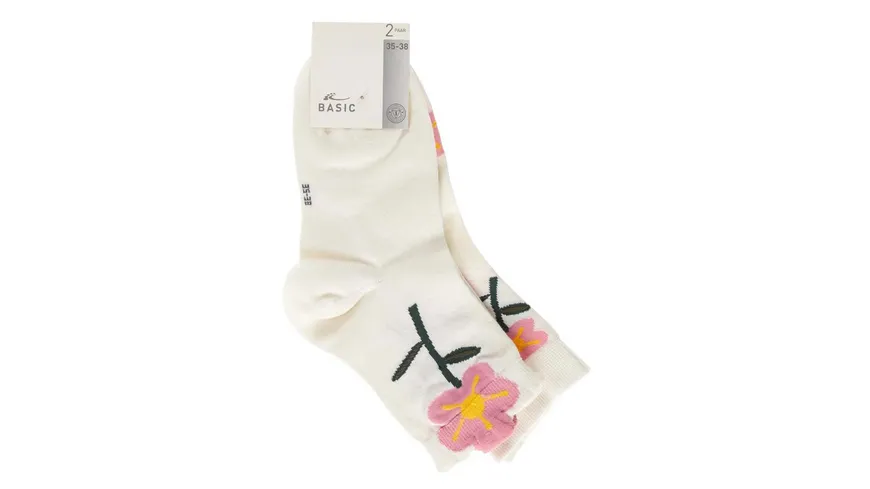 Damen Kurzsocken Blumen 2er Pack offwhite