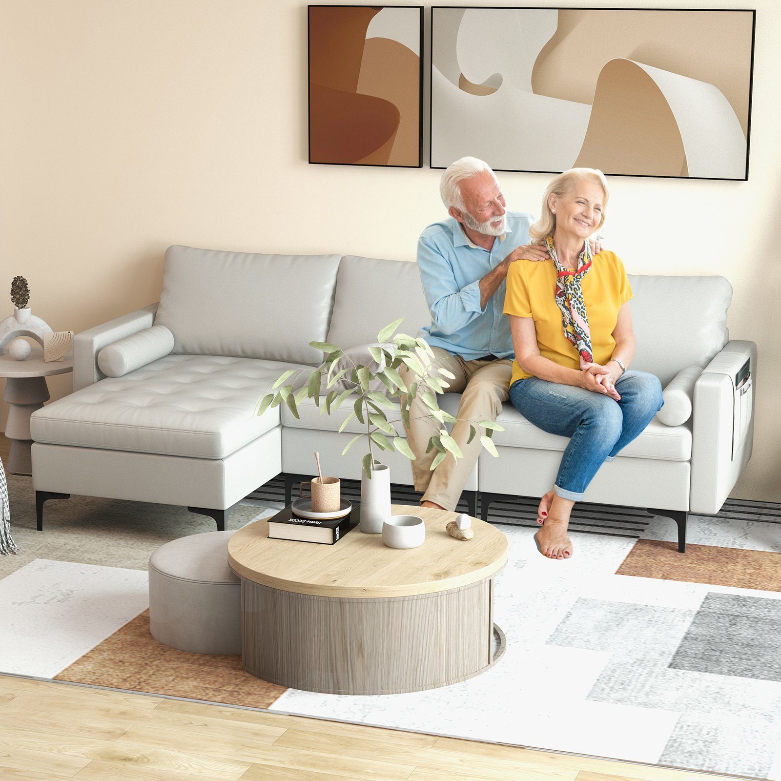 COSTWAY Ecksofa, mit Schlaffunktion, 2 USB-Anschlüsse&Steckdose, 322x130x80cm