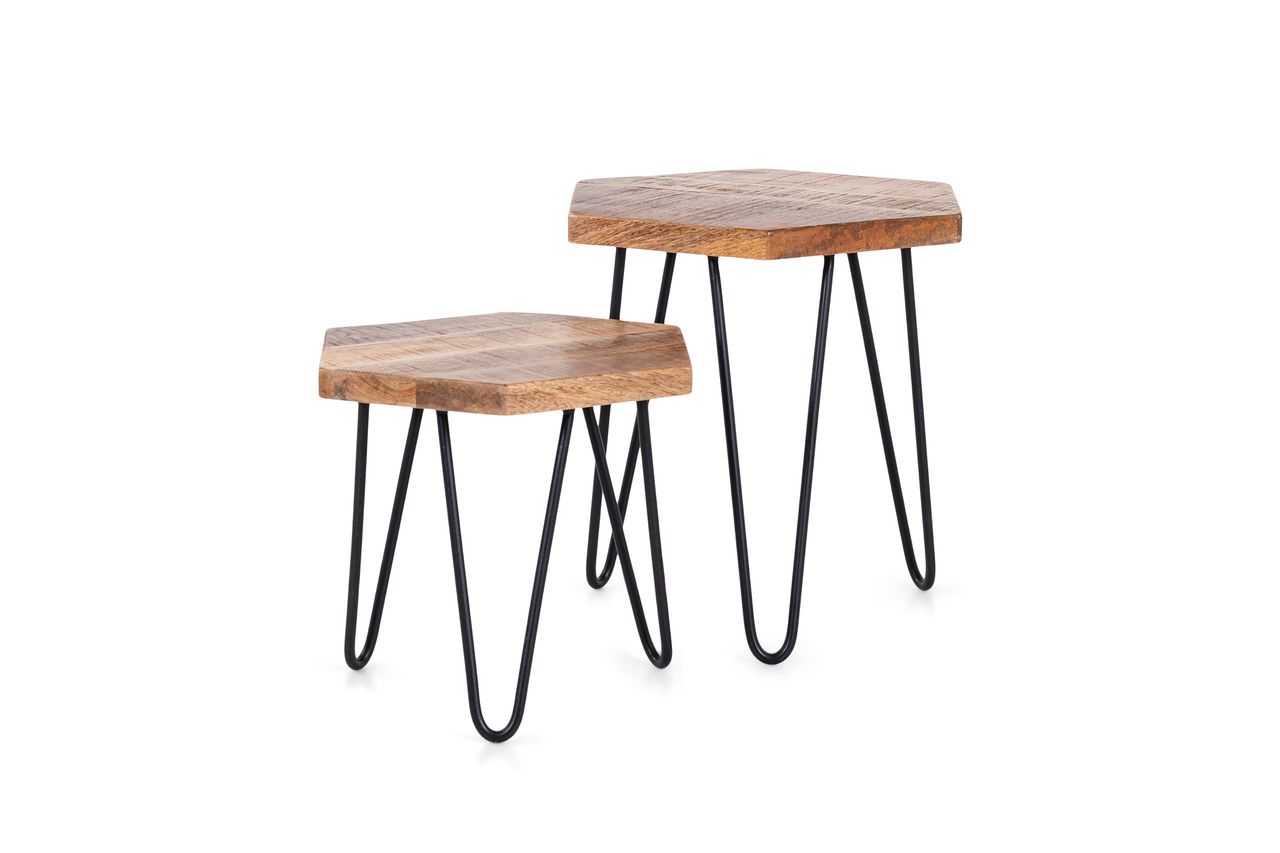 byLiving ELEA Zweisatztisch, Breite 45 cm, Metall schwarz pulverbeschichtet, Mangoholz natur