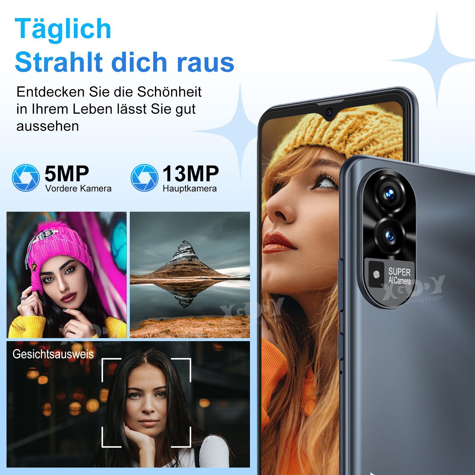 XGODY A53 2G RAM,32G ROM,Android 10.0 Smartphone (16,50 cm/6.52 Zoll, 32 GB Speicherplatz, 13 MP Kamera, Gesichtserkennung, Dual-SIM, Erweiterung Speicher Max. 256GB)
