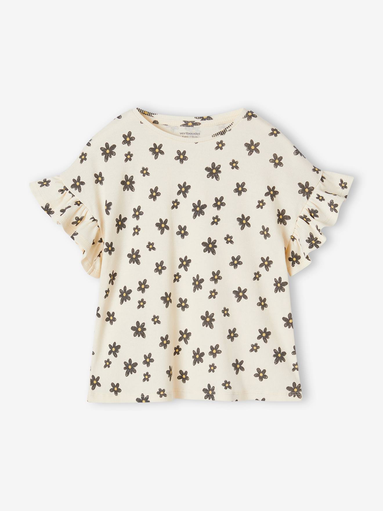 Vertbaudet Geripptes Mädchen T-Shirt mit Recycling-Baumwolle - beige