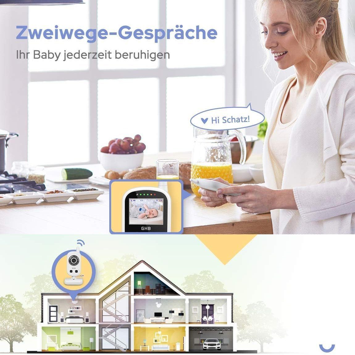BUMHUM Video-Babyphone Babyphone mit Kamera Tragbares Vox-Funktion Temperatursensor, Gegensprechanlage Schlaflieder Lange Akkulaufzeit, Nachtsicht-Video-Babyfon 2,4 Ghz, Intelligentes Standby Baby Monitor