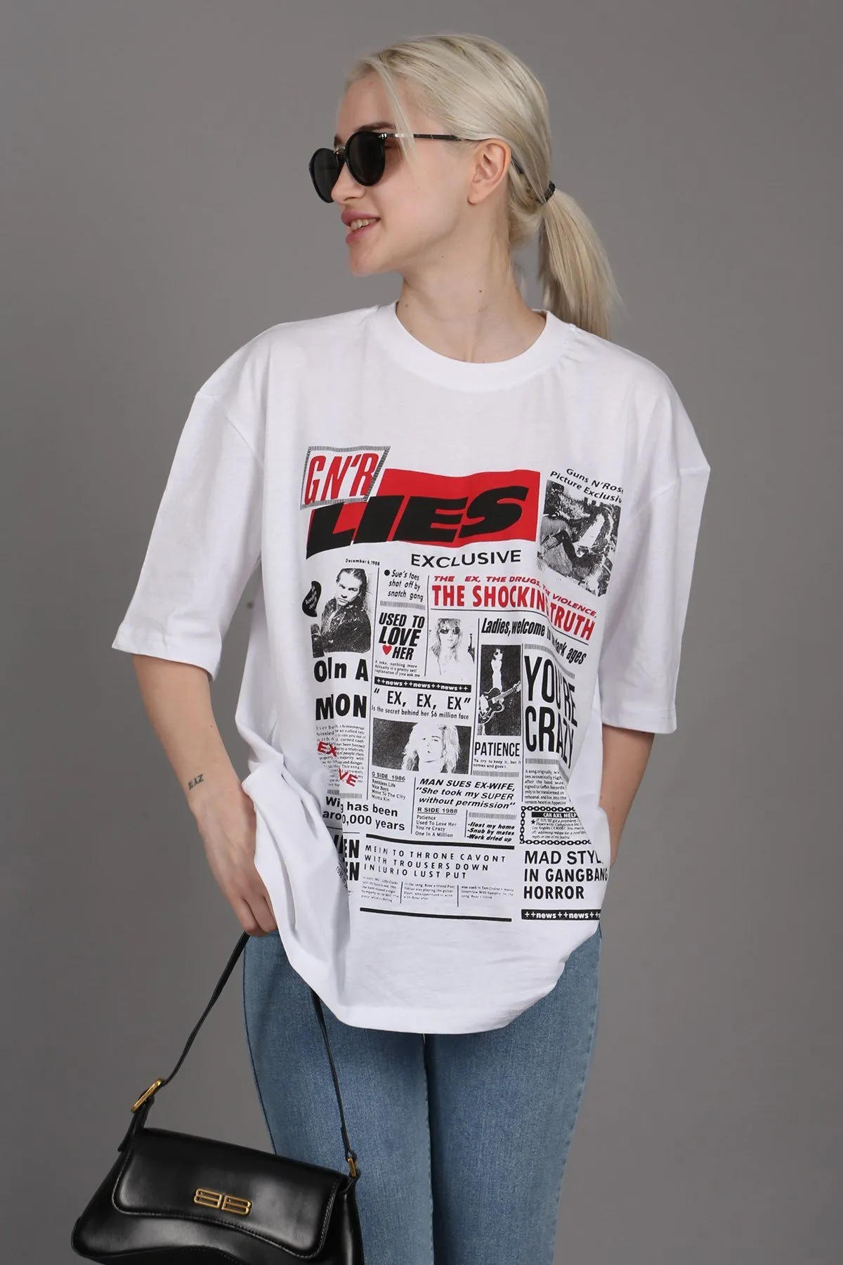 Madmext  Weißes, hinten bedrucktes Over-Fit-Damen-T-Shirt Mg1506