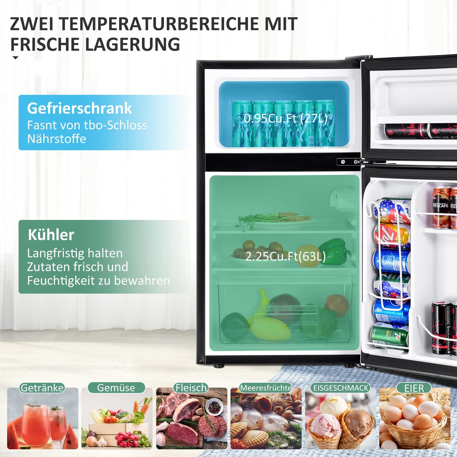 COSTWAY Kühlschrank EP22672DE/BCD-90, 86 cm hoch, 49,5 cm breit