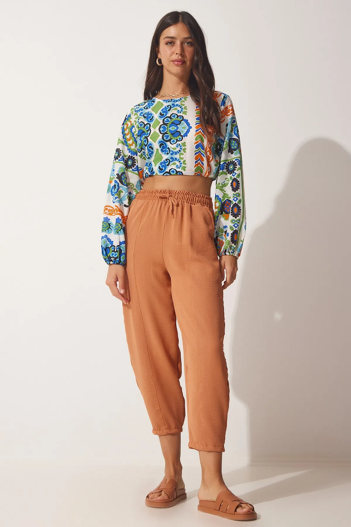 Happiness İstanbul  Damen-Shalwar-Hose aus leicht gefliestem Leinen CI00036