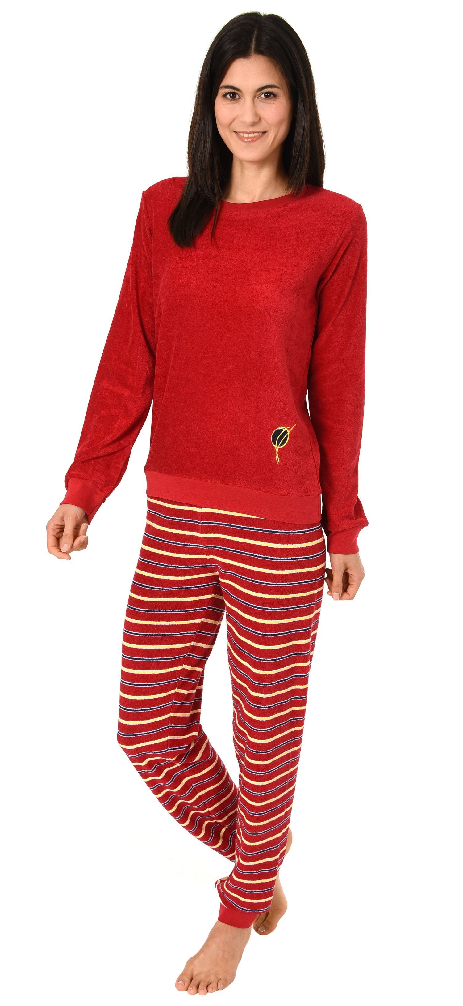 Normann Pyjama Damen Frottee Pyjama langarm mit Bündchen, Hose gestreift