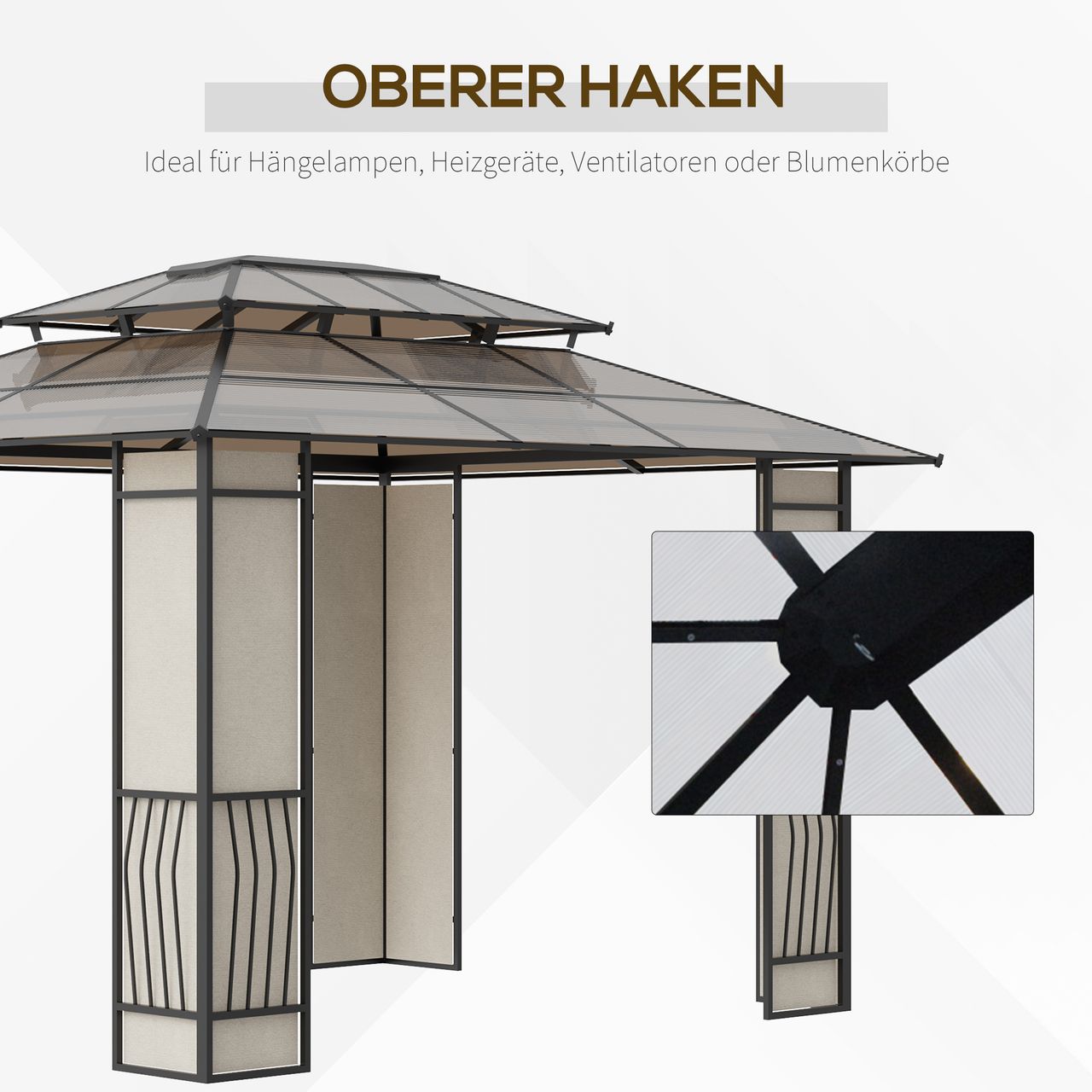 Outsunny Gartenpavillon Pavillon mit Sonnendach aus Polycarbonatplatten UV-Schutz wasserabweisend Robust Braun Hellgrau 3,65 x 3 x 2,75 m